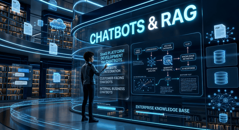 AnnovaSol chatbots and RAG architecture showing document retrieval feeding a knowledge grounded assistant